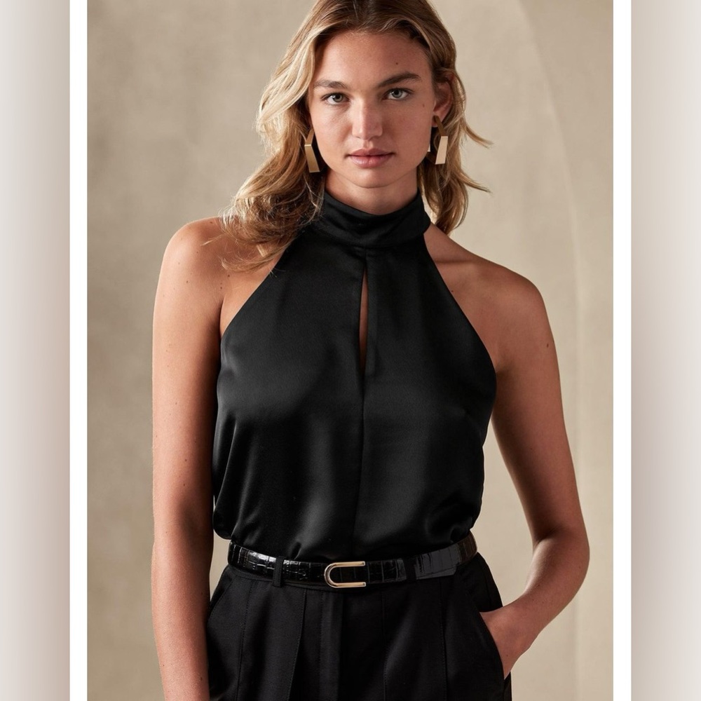 NWT Banana Republic Black Lili Satin Keyhole Top, Size XXS